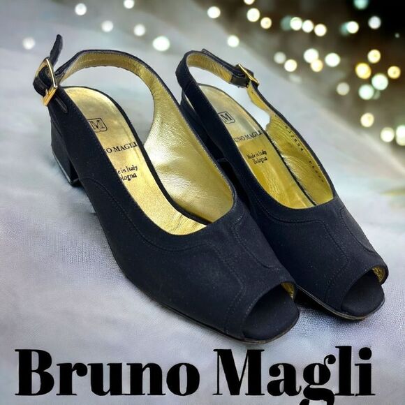Bruno Magli Women's Leather Peep Toe Slingback Chunky Pump Heels Black Size 5B - Picture 1 of 9